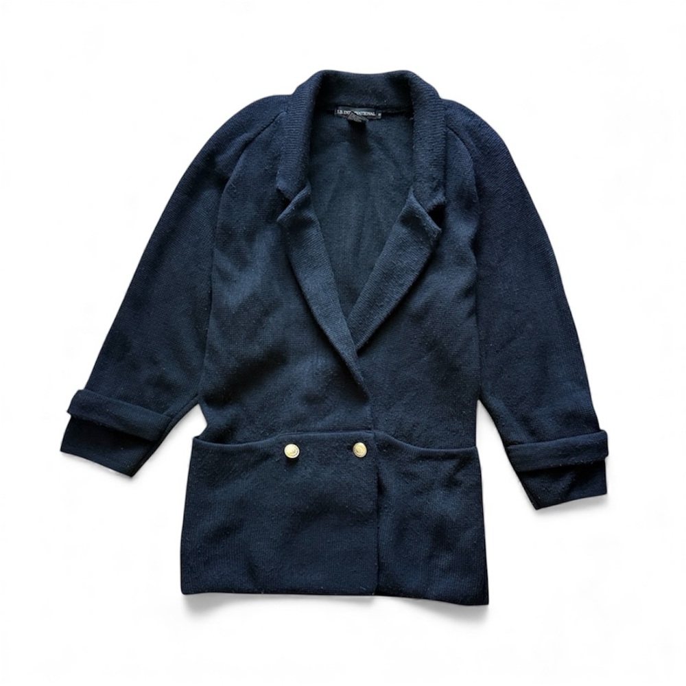 Vintage L.B. International Black Knit Blazer Cardigan Gold Buttons Hong Kong S